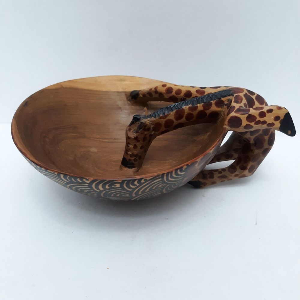 Hand Carved Wooden Giraffe  Bowl Made In Kenya from One Piece of Wood